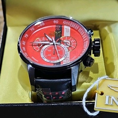 Invicta Racing Chronograph Wristwatch Red Dial Leather Band Analog