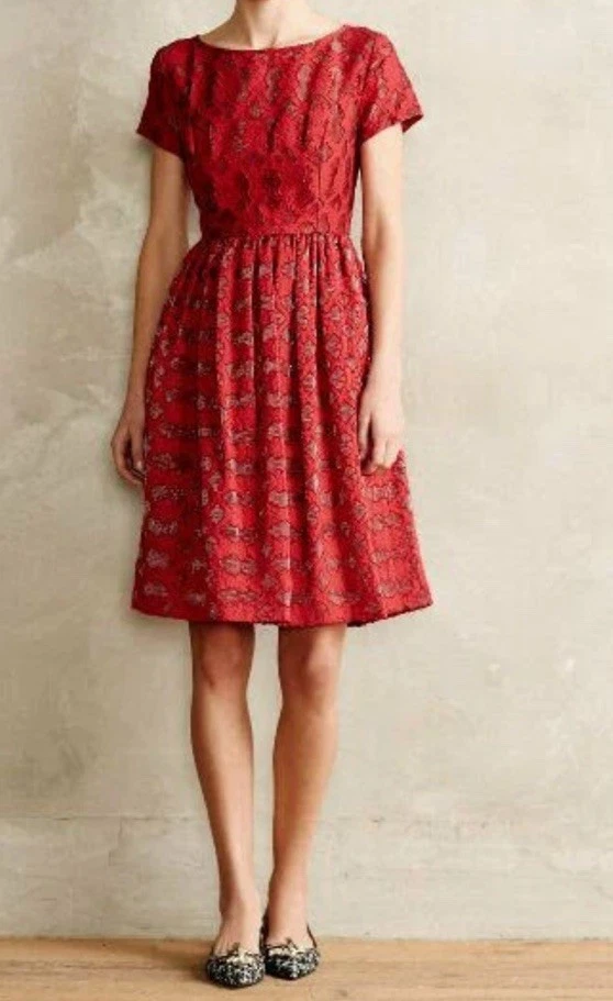HOLIDAY CHRISTMAS Moulinette Soeurs Anthropologie Ruby Red Lace A Line Dress 4 - Image 2 of 4