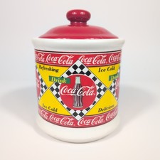 Vuntage 1995 Coca-Cola Ceramic Cookie Jar Enesco Checkered Flag Red Lid Retro