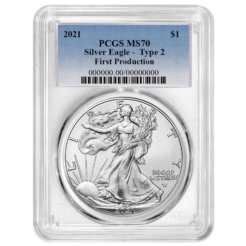 2021 $1 Type 2 American Silver Eagle PCGS MS70 First Production Blue Label