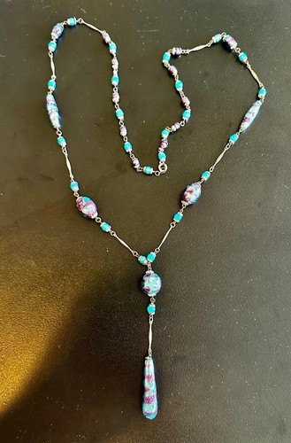 Venetian Lampwork Wedding Cake Art Glass Necklace 32 Inches Antique Art Deco