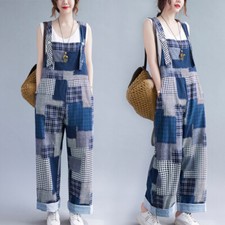 Women Checked Overalls Cotton Dungarees Jumpsuit Baggy Ethnic Trousers Pants