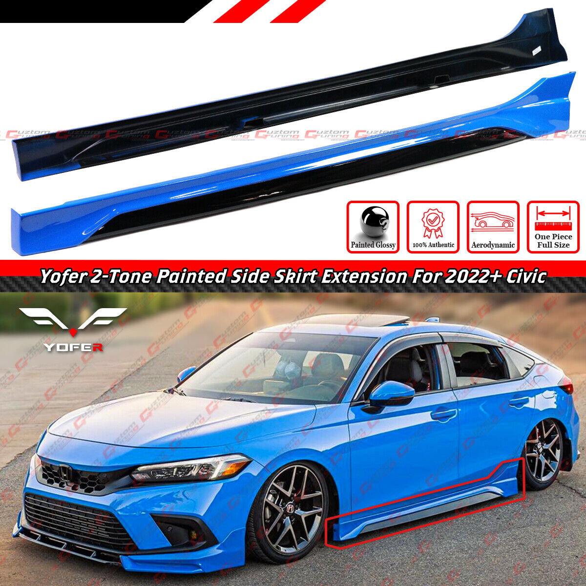 For 2022-2024 Honda Civic Yofer V1 Boost Blue Black 2-Tone Side Skirt Extension