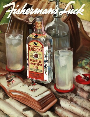 1930s BIG Vintage Gordons Gin Fishing Bar Decor Color Art Print Ad