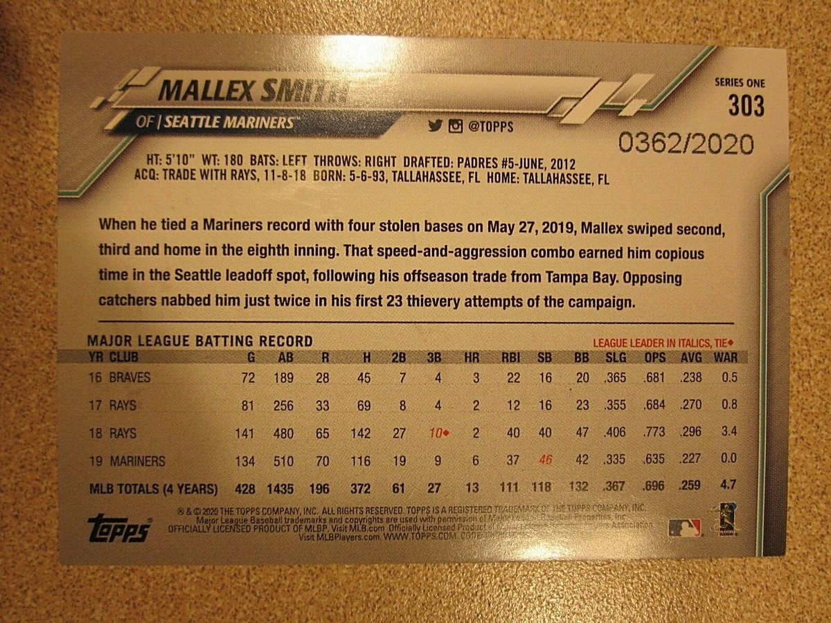 2020 TOPPS SERIES 1 #303 MALLEX SMITH GOLD BORDER SEATTLE MARINERS