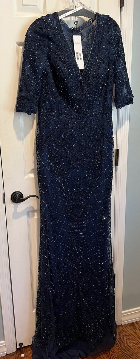 jovani navy blue mother of the bride dress Off-Shoulder Long MOB Dress with Three-Quarter Sleeves Navy / 2