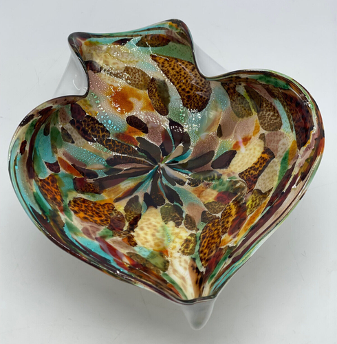 Tutti Frutti Art Glass Gold Orange Brown Teal Glass Ashtray Trinket Dish Bowl - Picture 2 of 12