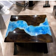 Bleu Océan Vague Résine Époxy Dining Table en Bois Naturel Live Bord Salon Pièce