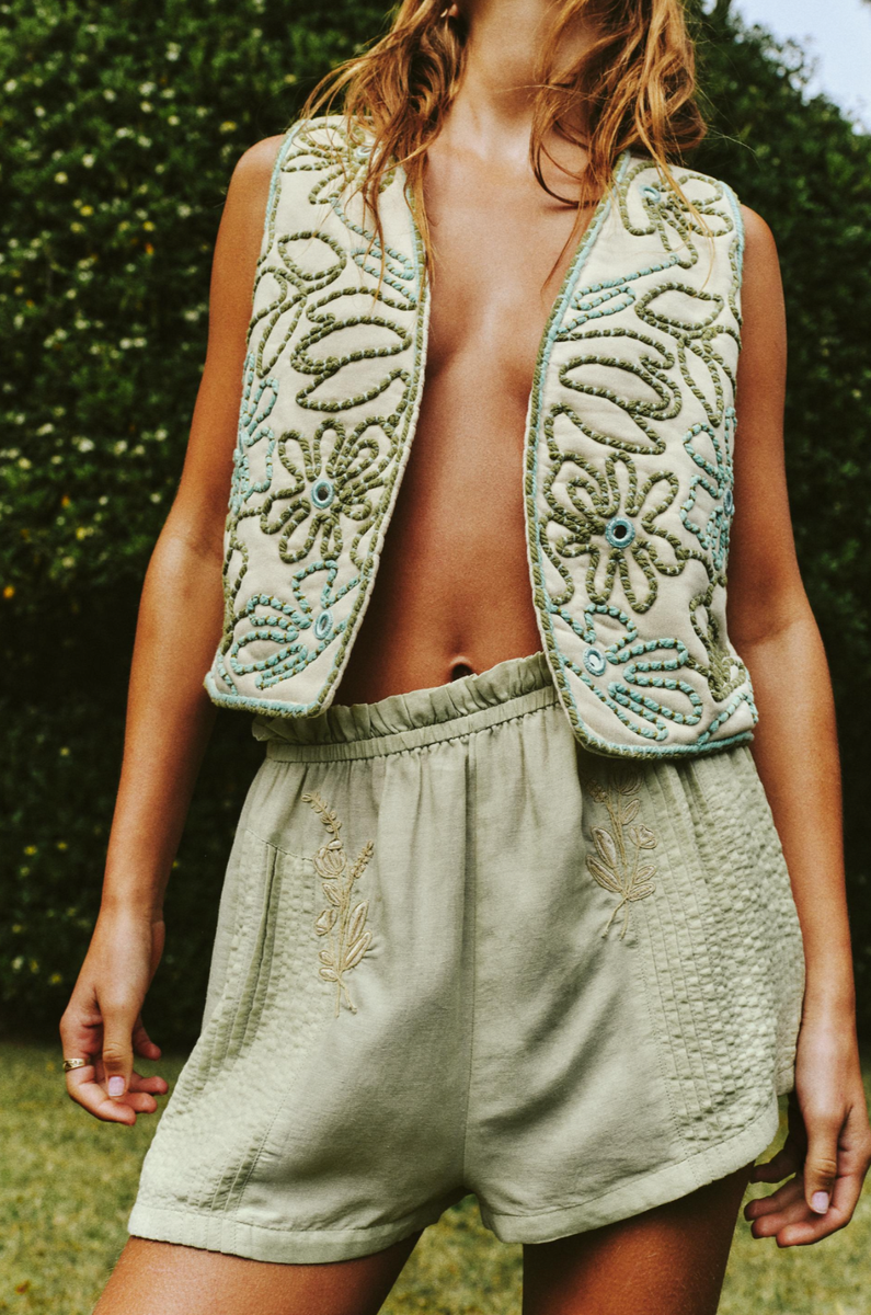 ZARA Ecru Floral Embroidered Mirror Vest Gilet Waistcoat Size M