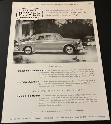 1955 Rover Model Range - Vintage Original Print Ad / Wall Art - 60, 75, 90 CLEAN