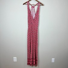Lucky Brand Maxi Dress Small Red Geometric Boho V-Neck Side Slit Sleeveless S