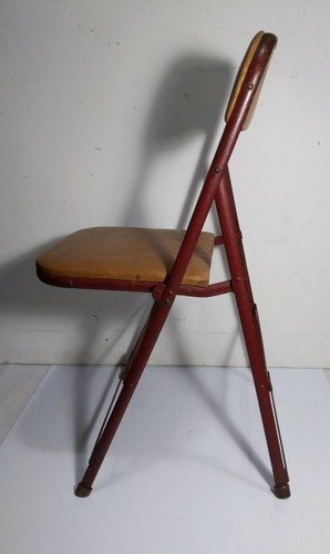 Vintage Mid Century Industrial Red Metal Folding Kids Chair with Vinyl Wood Seat - Picture 10 of 12