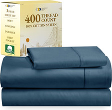 Cooling 100 Cotton Twin Sheets Set, 400 TC Sateen, Deep Pocket - Peacock Blue