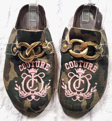 Juicy Couture Gr. 8 M Pantoletten Pantoletten Schuhe Slipper Sherpa Camouflage Gold Flats Y2K