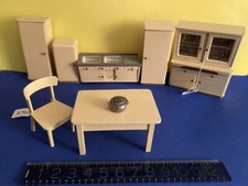 Mid 20thc GERMAN WOOD DOLL KITCHEN-7pcs Cream painted wood plus accessories