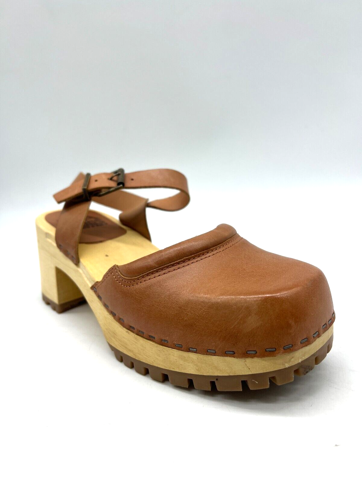Mia Clogs Brown Leather Mary Jane Wood Heels Sandals Women's Size 9-image