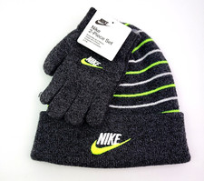 Nike Youth Boys Size 8/20 Black Volt Striped Knit Beanie Hat Gloves 2 Piece Set