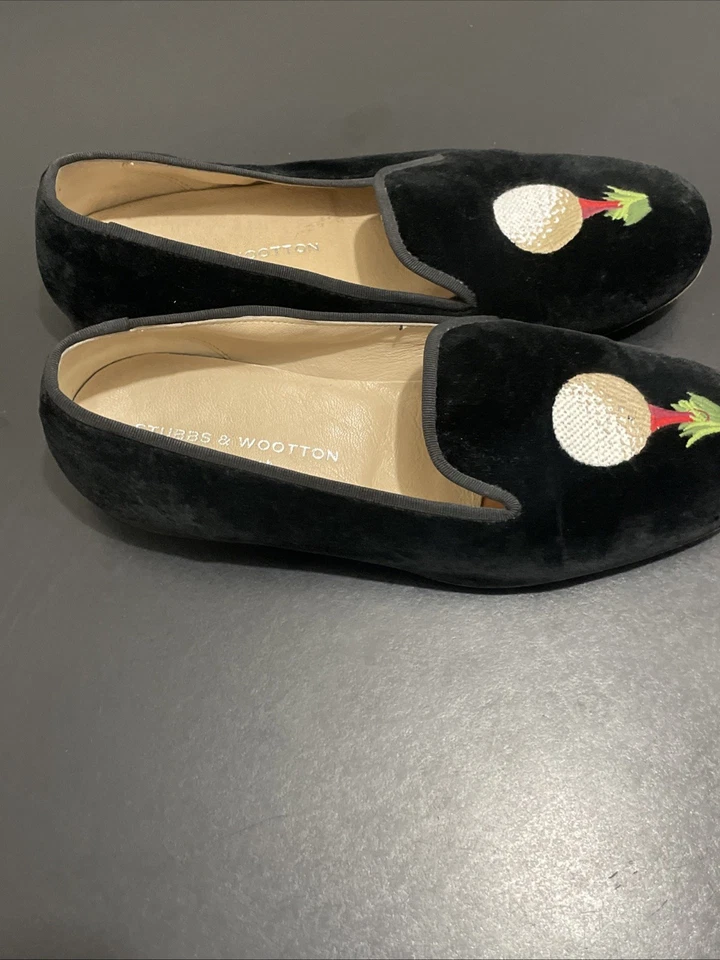 Mocasines de terciopelo bordados Stubbs & Wootton para mujer negros sin cordones talla 8,5 Foto 4 de 4