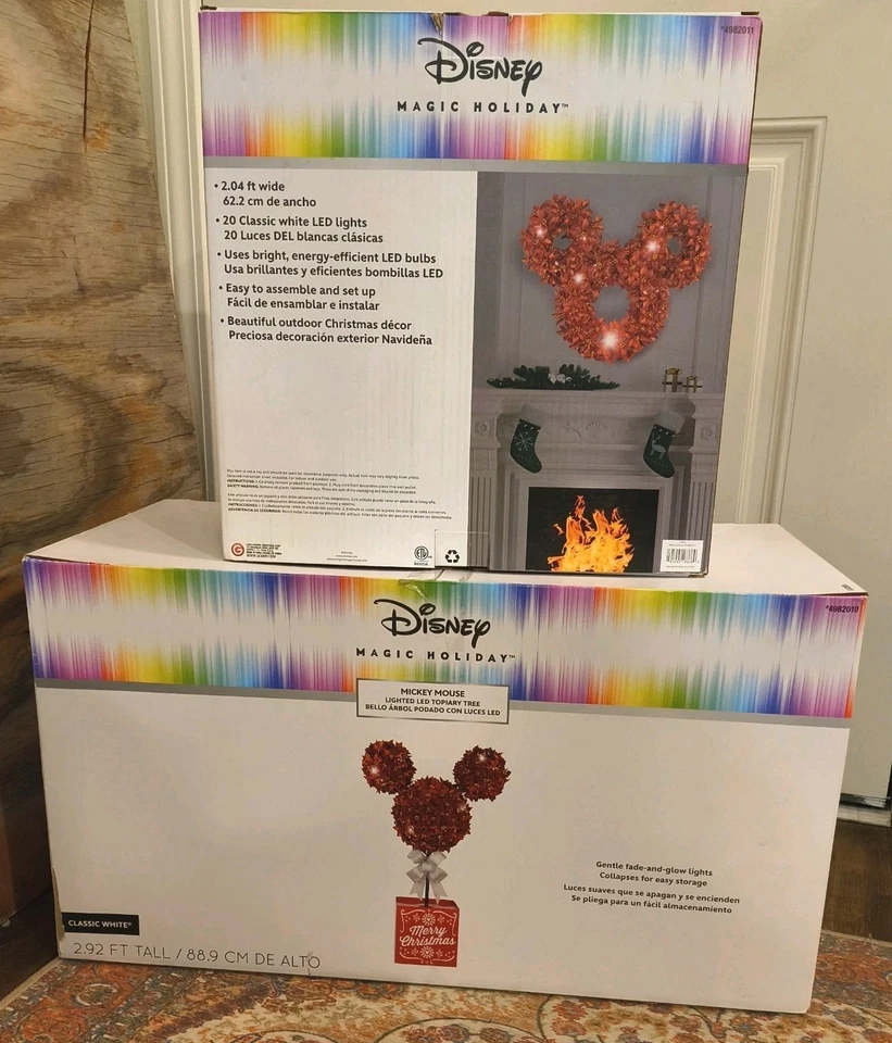 CIB/LN Tested 2023 Poinsetta LED Disney Mickey Mouse 3ft Topiary/Wreath SET - Image 2 of 4