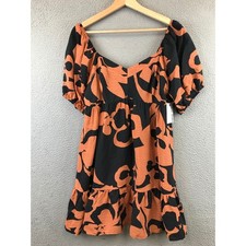 New Nine West Babydoll Mini Dress Orange Floral Print Smocked Puff Sleeve Size L