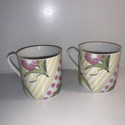 Pair of Image Inn  Retro Tea Cups Tulips Pink Polka Dots Floral Geometric Lines
