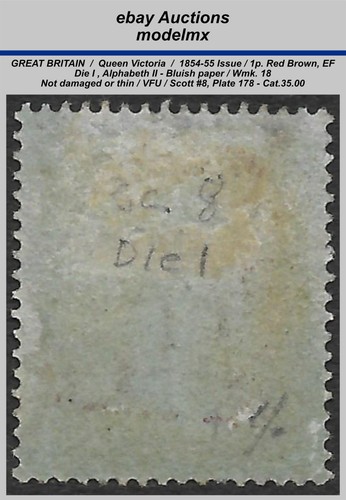 Great Britain - QV 1854, Sc.8- SG17, 1p Red B., (EF), P. 178, VFU., Cat.$35.00 - Picture 2 of 2