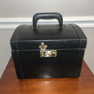 Vintage Bentony black textured train case gold hardware vanity lizard grain