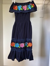 Mexican Floral Midi Dress Embroidered Flowers One Size Fits S/M