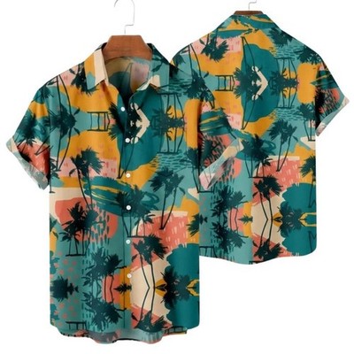 Tropical Hawaiian Shirt for Men, Palm Tree Button Up, Short Sleeve Beach
