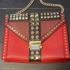 Michael Kors Red Studded Small Flap Crossbody Bag w/ Chain Strap Push Lock