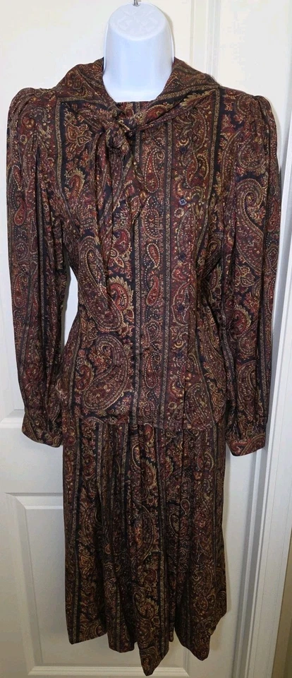 De Colección O By Oscar De La Renta 100% Seda Paisley Vestido Cuello Atado Falda Conjunto Blusa Foto 2 de 4