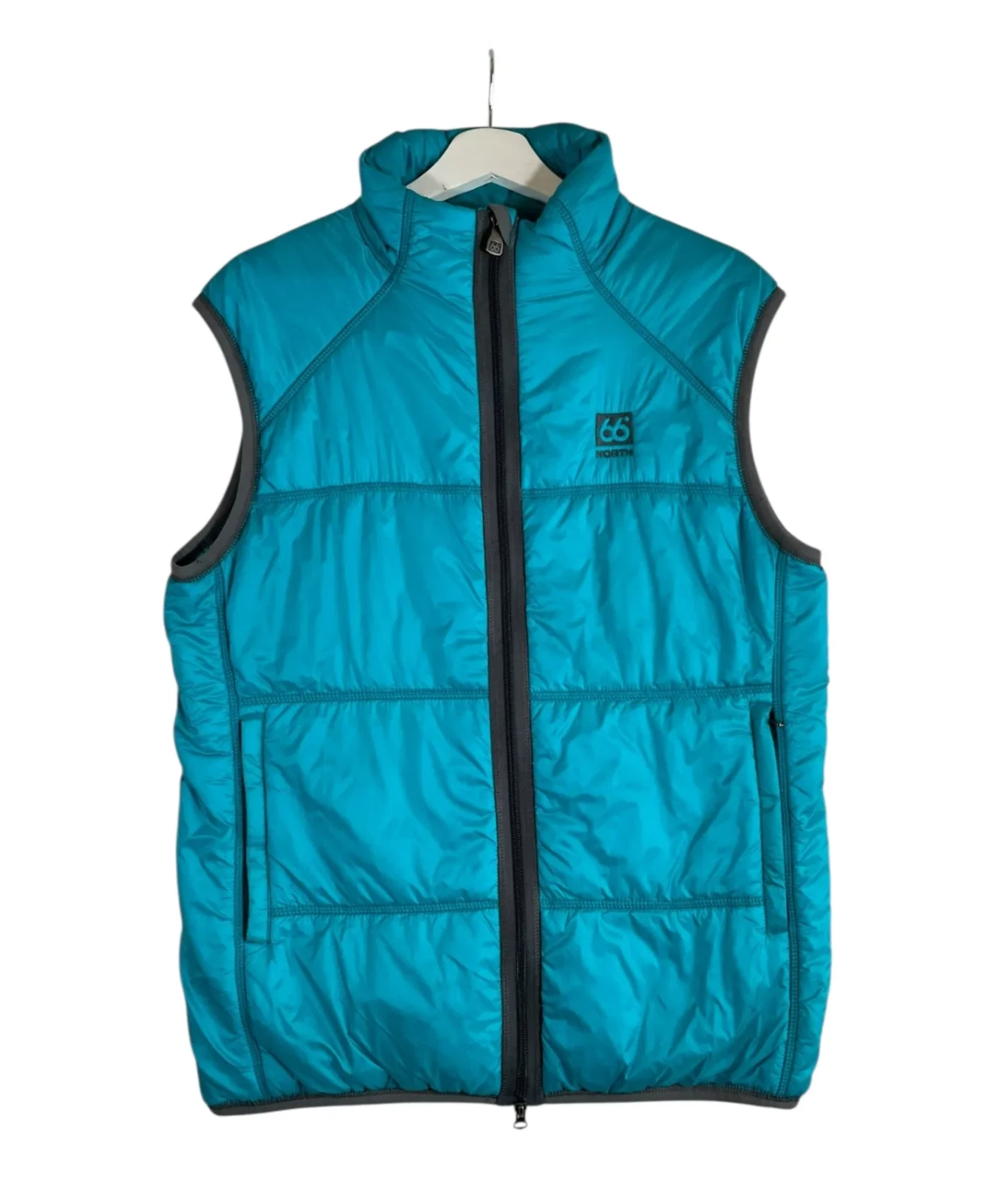 66 North Puffer Vest Womens Size L Teal Blue Primaloft Insulated Padded Gilet