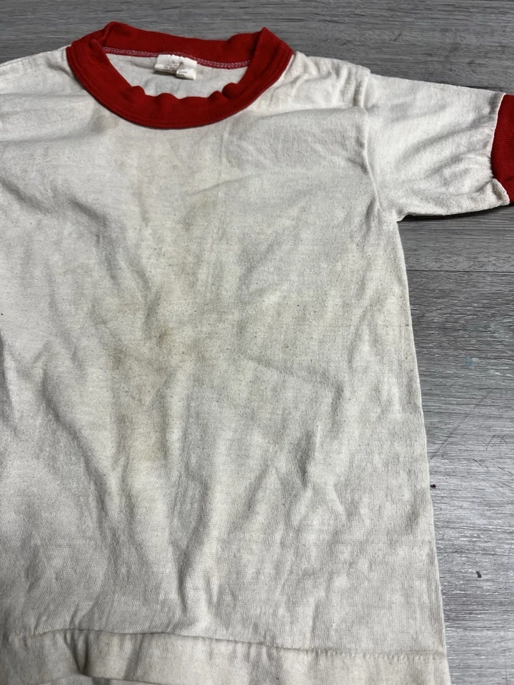 Camiseta en blanco vintage de los años 80 Sportswear Distressed Ringer talla XS 2-4 hecha en EE. UU. Foto 3 de 4
