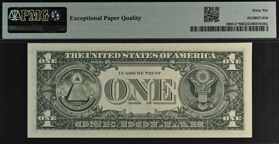 Billete estrella de $1 1969 serie baja 00000960* - pmg 66 epq gema sin circular Fr#1903-C* Foto 3 de 3