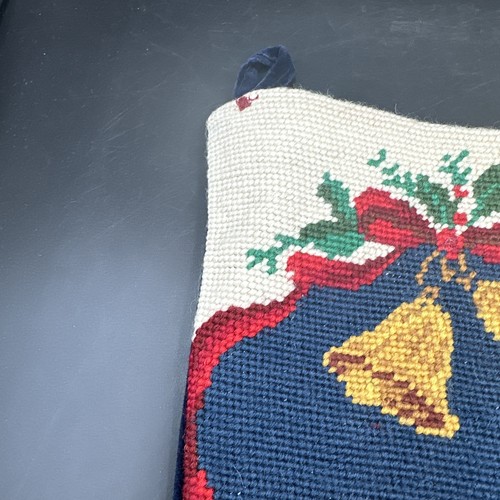 Vintage Needlepoint Christmas Stocking Two Cherub Angels Navy Blue Velvet 20” - Picture 5 of 8