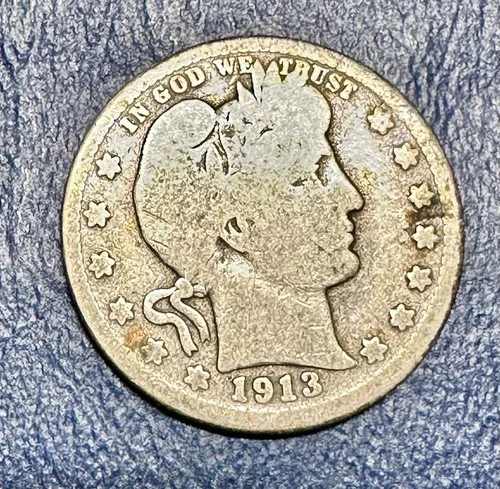 1913-D Barber Quarter. 90% Silver. Good Condition. Charity Option.