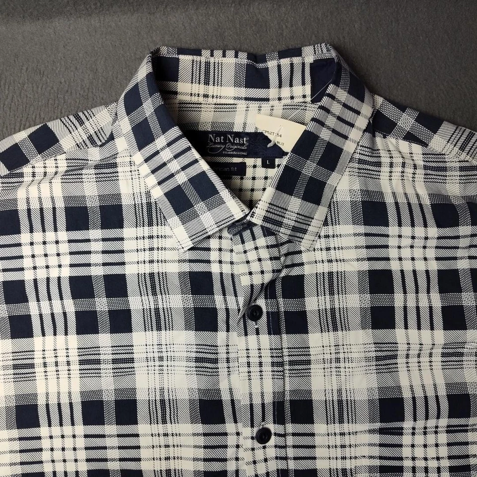 Camisa Nat Nast Para Hombres Grande Azul Marino Blanco A Cuadros Seda Calce Americano Manga Corta Informal Foto 3 de 4