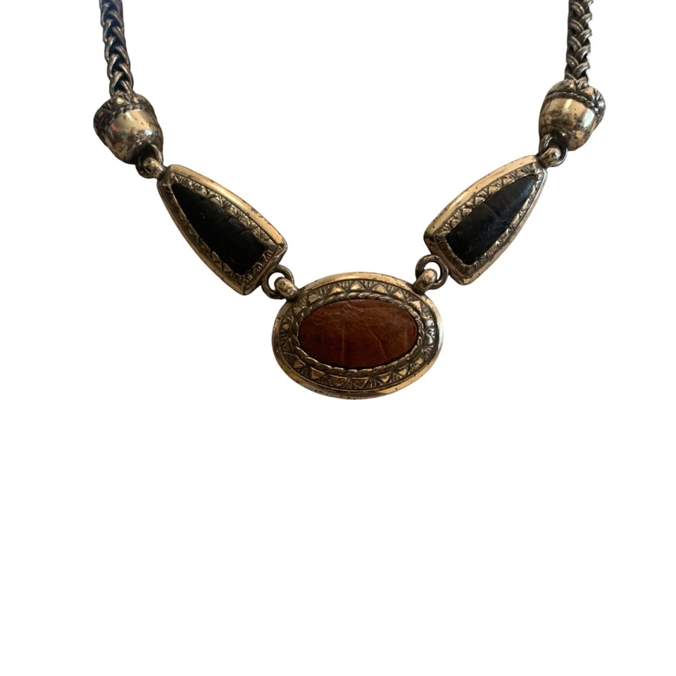 Brighton Necklace Croc Inlay Brown & Black 16" Oval Pendant Silver-Plated - Image 2 of 4