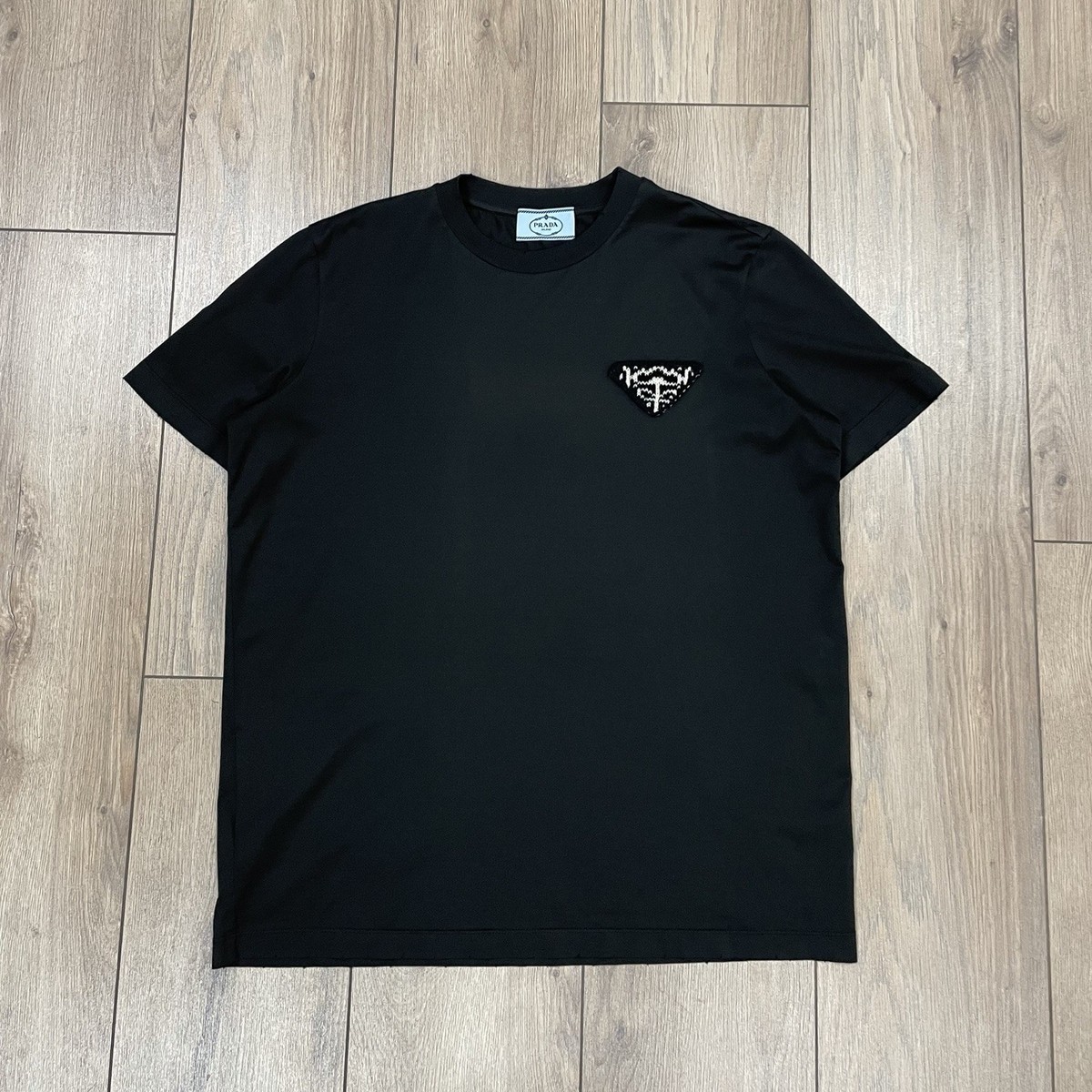 Prada 2021 Black Cotton Wool Triangle Patch Logo T Shirt Size