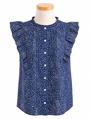 LOFT Women's Navy Star Print Pink Tuck Ruffle Sleeveless Top Sz S Casual Career