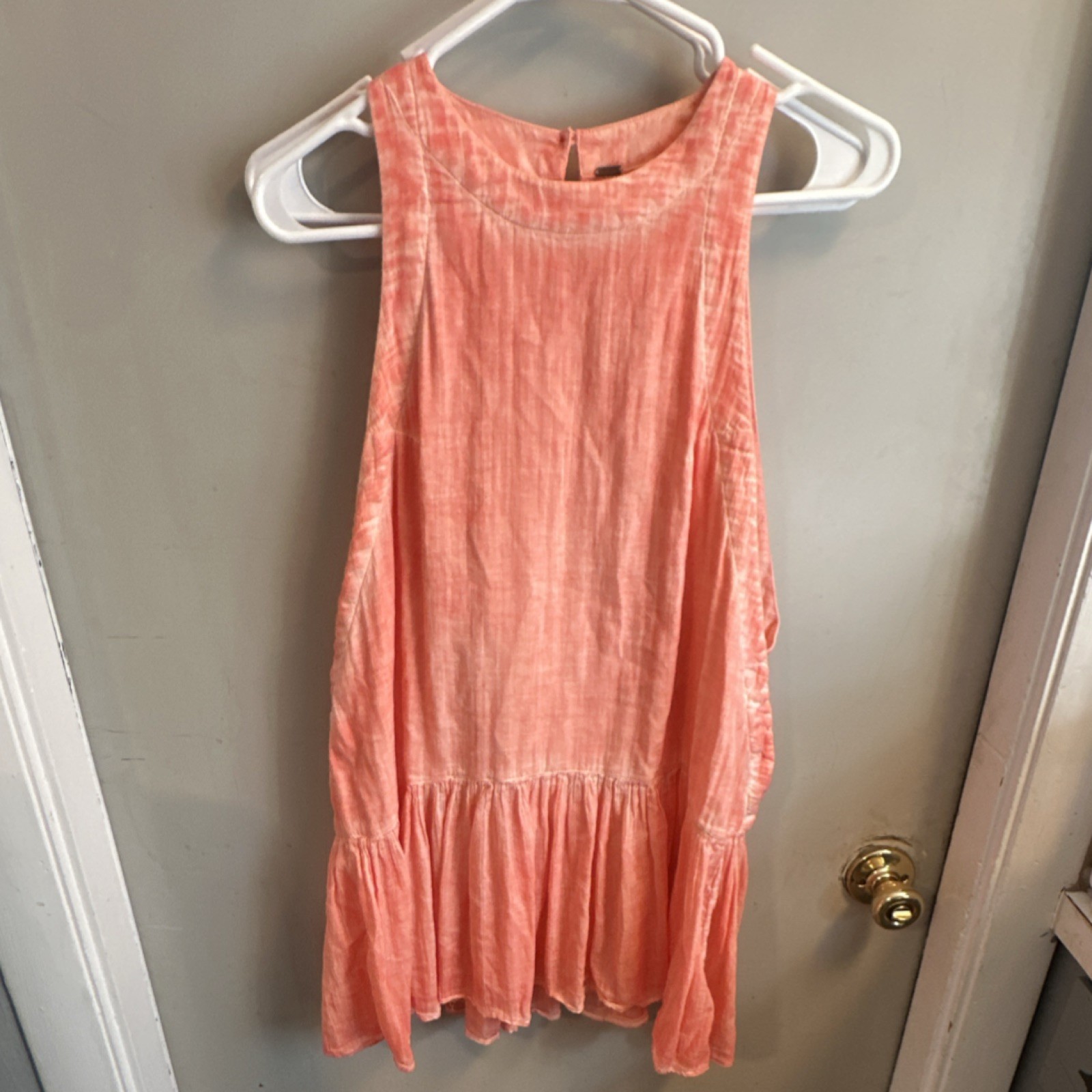 Boho Free People Coral Tie Dye Mini Dress S Sleeveless Round Neck Ruffle Button