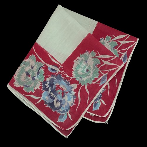 Vintage Hanky Handkerchief Flowers Floral Carnations Red Blue HK180