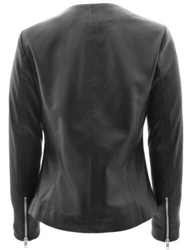 Women Black Leather Jacket Collarless Neckline Soft Fitted Zip Fasten Elena NEW - Picture 2 of 7