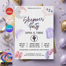 EDITABLE Sleepover Birthday Invitation, Slumber Party Invite Girl Pajama Party