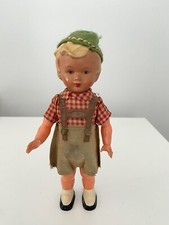 German Boy Celluloid Doll Dressed in Lederhosen and Green Hat Feather MW Germany