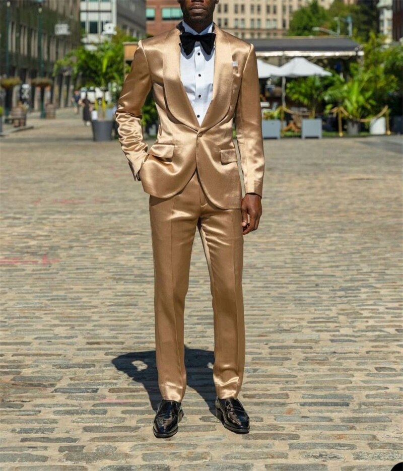 Gold Silk Satin Men Suits Blazer Pants Groom Prom Party Wedding Tuxedos2  Pieces