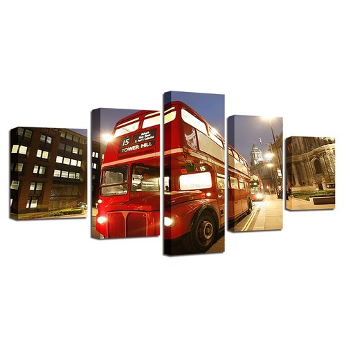Red Bus On Street City Vehicle Traffic tools Canvas Prints Painting Wall Art 5P - Picture 5 of 5