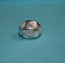 Sterling Silver Designer White/Blue Abalone Dome Ring Size 6 034GCM