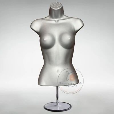 Female Mannequin Display Tops Half 3/4 Body with Round Stand Table Top - SILVER