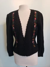 VTG Susan Bristol Womens L 100% Wool Cardigan Sweater Embroidered Flowers 80s